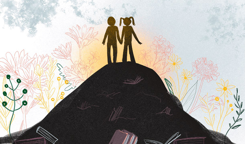 An illustration of two silhouetted figures, a man and a woman, stand on top of a small hill surrounded by pink, yellow and green flowers. 