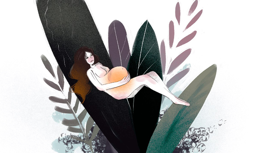 An illustration of a naked pregnant woman looking sad and resting inside a leafy green and purple plant.