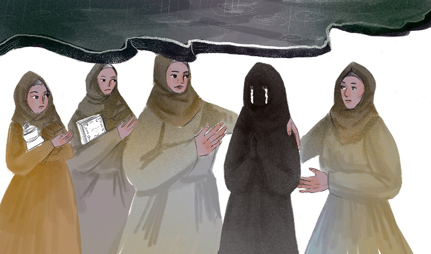 An illustration of four women who are depicted in colour comforting another woman who is crying, shown all in black with her face hidden. Her tears are visible in white, streaming down her face. A grey cloud looms overhead. 