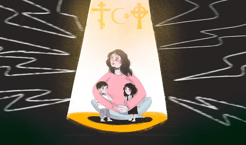 An illustration of a woman sitting cross-legged on the floor holding her two young children inside a beam of religious light. She is looking up at religious symbols floating above her head. 