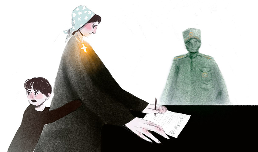 An illustration of a woman with a sad expression who is signing some official papers at a big black desk, while her child holds onto her from behind looking worried. A stern government official can be seen in the background, slightly blurred. 