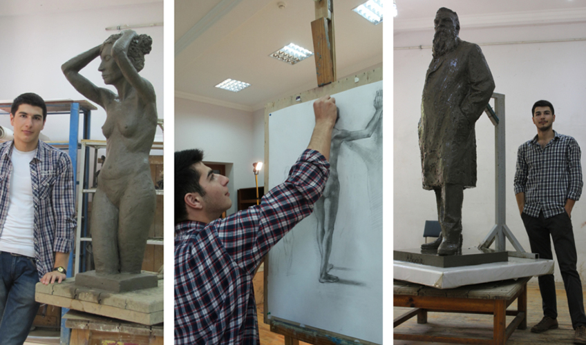 Three photos of Samir working on his sculptures. 