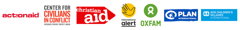 Logos of International Alert, Center for Civilians in Conflict, Christian Aid, Oxfam, Plan International, S)S Children's Villages 