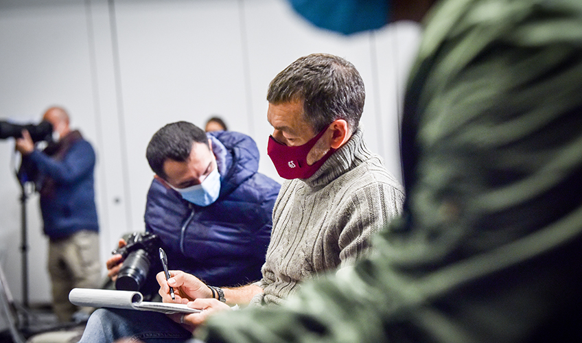 Journalists at a press conference in Kyiv, Ukraine.