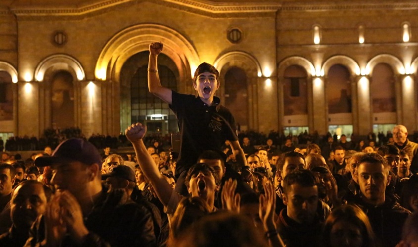 A crowd of protestors in Armenia