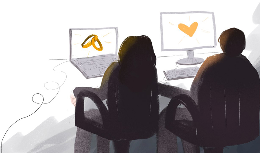 An illustration of two silhouetted figures at a desk. One has a computer with connected yellow wedding rings on the screen. The second computer displays a yellow heart.