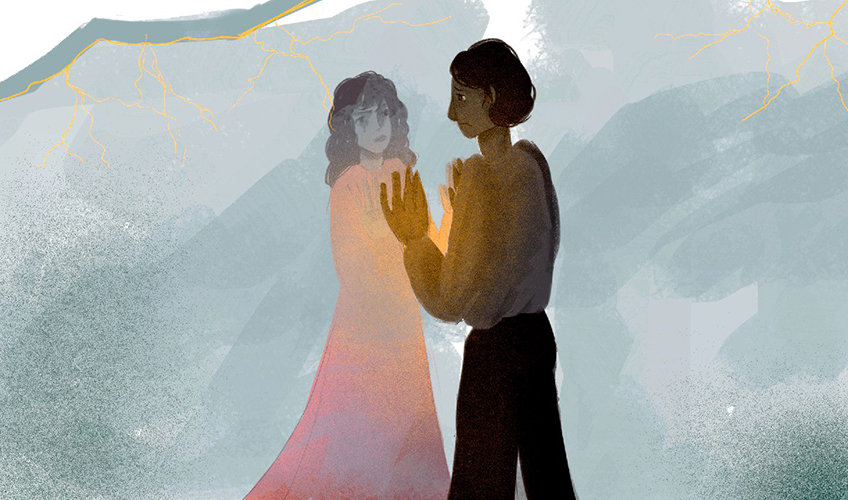 An illustration of two sad figures facing each other in and pressing hands. There is a transparent divider between them. The man appears sad and the woman looks angry. In the background, there are grey mountains and a thunderstorm with yellow lighting.