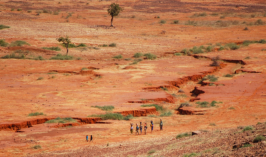 People walking through the landscape of the Sahel.
